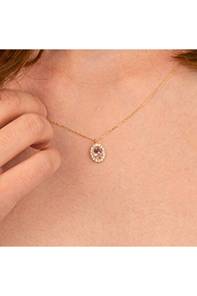 FasekGold Altın Kolye - Morganite Oval Taşlı 14 Ayar Altın Kolye