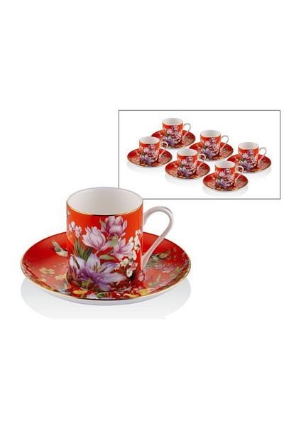 LAMEDORE Botanica Red Porcelain - 12 Pieces Coffee Cup Set for 6 People