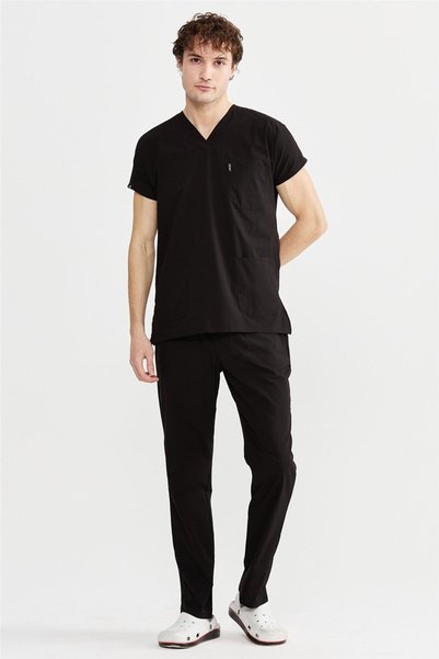 Çatı Medikal Ultralycra Basic - Lycra Doctor Nurse Uniform Set Scrubs Uniform Surgical Suit (Unisex), Black