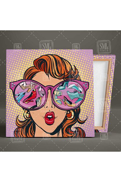 SML TABLO Μοντέλο Pop Art Τετράγωνος ζωγραφικής σε καμβά που αντανακλάται στα παπούτσια στα ροζ γυαλιά