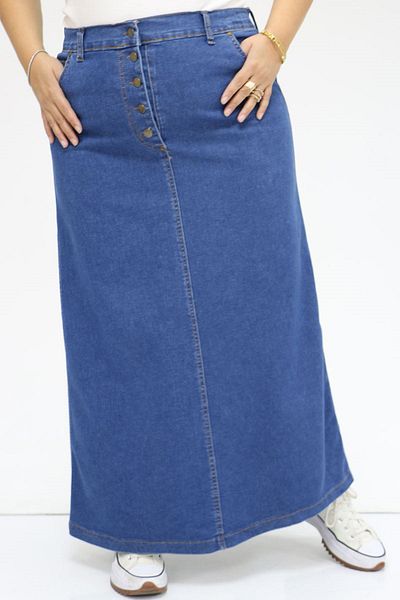 Eslina 45002-1 Plus Size Front Buttoned Denim Skirt - Blue