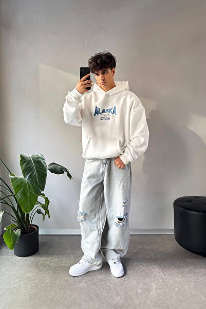 Flaw Wear Alaska Embroidered White Oversize Hoodie