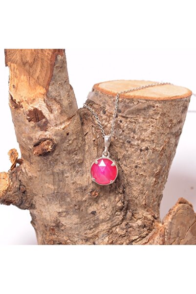 Taş Sandığı Pembe Akik Taşı Gümüş Kolye - Dolunay Model