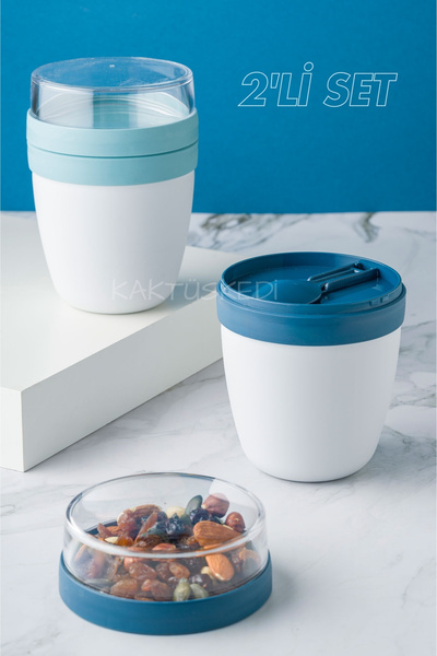 KaktüsKedi 2'li Set Taşınabilir Kaşıklı Yoğurt Kabı - 700 ML Pratik Yemek Sak...