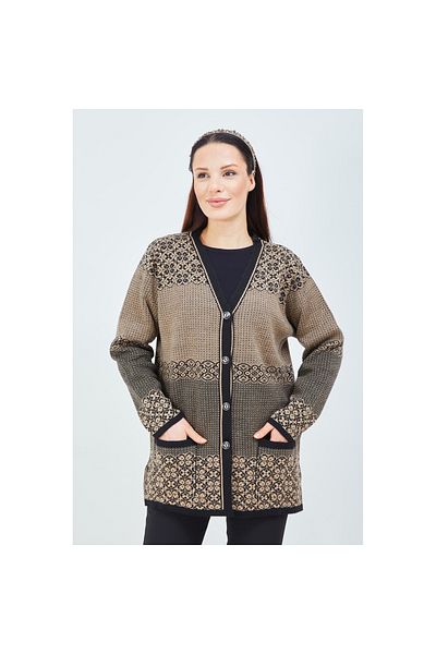 Fresh&Moda Women's Mink Color Patterned Knitwear Buttoned Pocket Winter Mother Cardigan