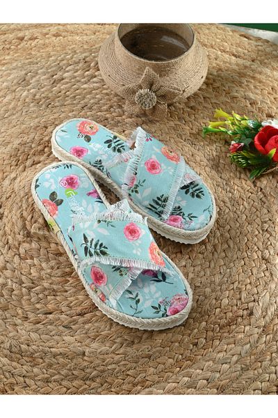 Fresh Feet By Styli Frayed Trim Cross Strap Floral Print Flat Sandal