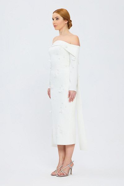 CENGIZ AKTURK Boat Neck White Rhinestone Long Evening Dress - 1026K