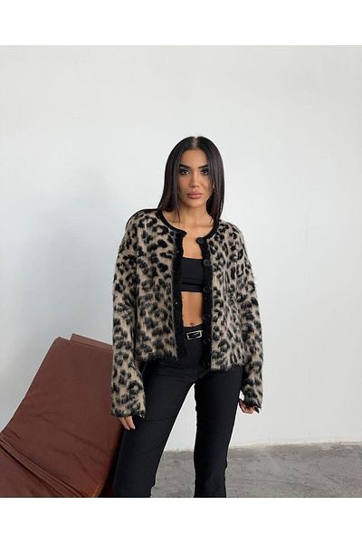 MERİCEY Cardigan de tricotaje cu pene cu nasturi cu model leopard de damă