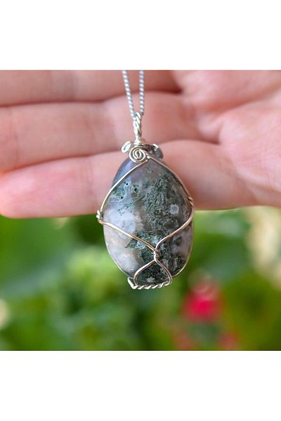 Taş Sandığı Mossy Agate Stone Necklace with Wire Wrap