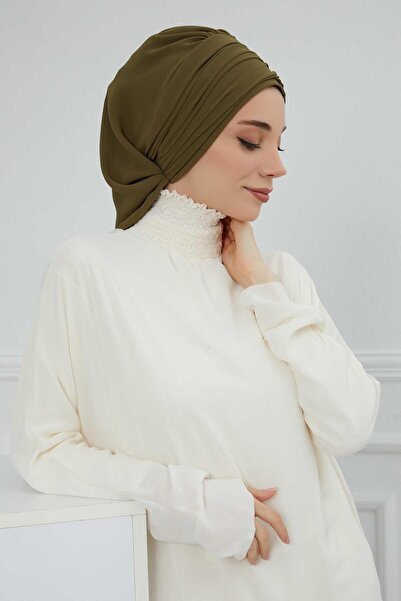 Aisha's Design Chiffon Ready-Made Turban with Pleated Stone Flower Accessories,Ht-105,Ht-105,Khaki Green