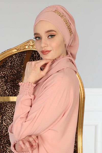 Aisha's Design عمامة شيفون جاهزة - إكسسوار ذهبي، تصميم، HT-28، HT-28