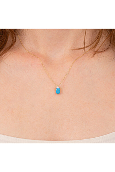 FasekGold Altın Kolye - Baget Tasarım Firuze (Turkuaz) Taşlı 14 Ayar Altın Kolye