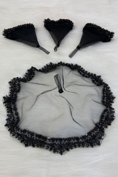 ZEYMERADE Siyah Gelin Damat Halay Mendili, Cam Boncuk Ve İncili, Kına Gecesi ...