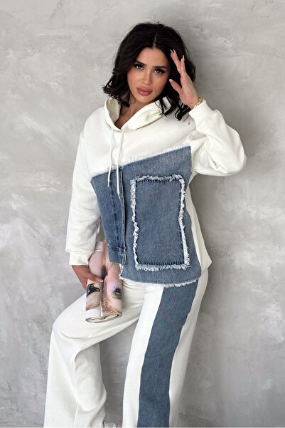 FEMELLE Women's White Denim Detailed Hooded Top and Bottom Set