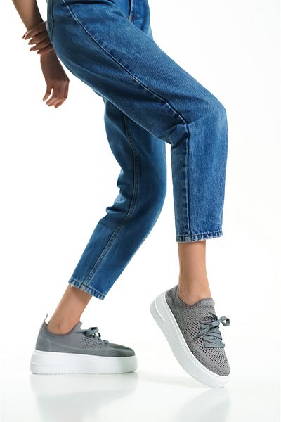 Mubiano H- 101-gr Knitwear Knitted Fabric Oval Toe Lace Detail Women's Gray High Sole Ballerinas & Loafers