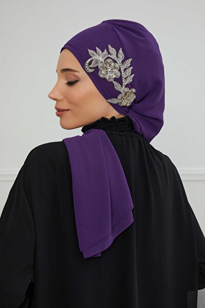 Aisha's Design Chiffon Ready-Made Turban with Side Stone Flower Accessory,Ht-104,Ht-104,Purple