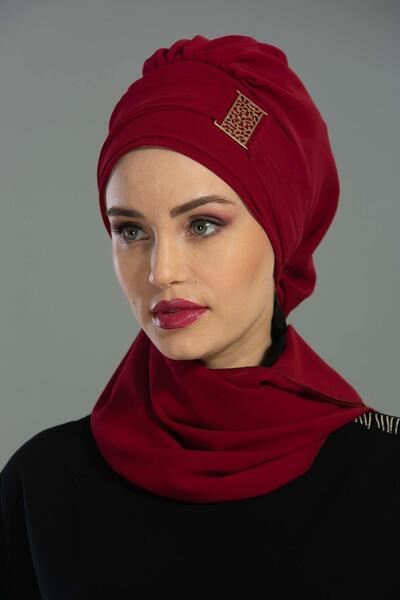 Aisha's Design Design Chiffon Ready-To-Wear Turban with Gold Accessories, Ht-11, Burgundy