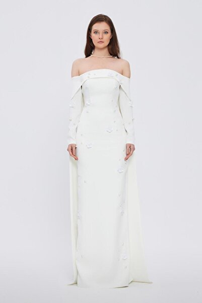 CENGIZ AKTURK Kayık Yaka Aksesuar Detaylı Uzun Abiye Elbise - 01026C