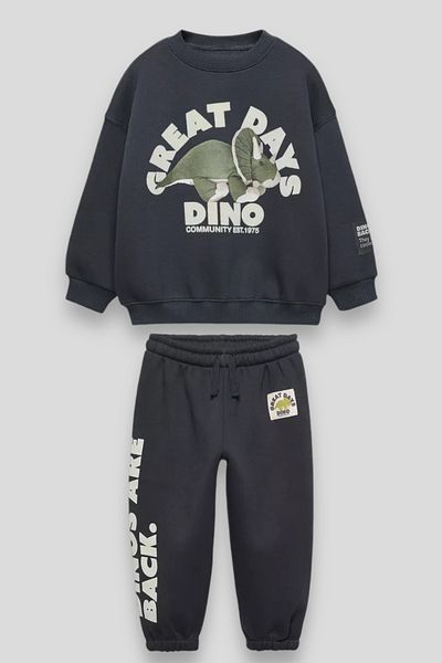 Magu Boy's Winter Dinosaur Navy Blue Cotton Sweatshirt Tracksuit Top and Bottom Set