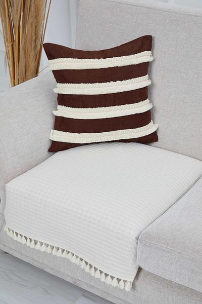 Aisha's Design 90X75 cm Linen Textured Fringed Sofa Cover - Ko-24T