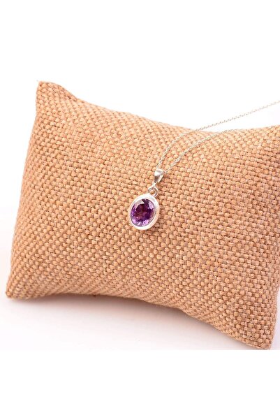 Taş Sandığı Oval Ametist Taşı Gümüş Kolye