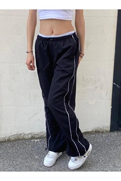 8line Black Parachute Fabric Double Line Detail Sweatpants