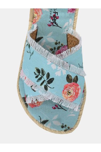 Fresh Feet By Styli Frayed Trim Cross Strap Floral Print Flat Sandal