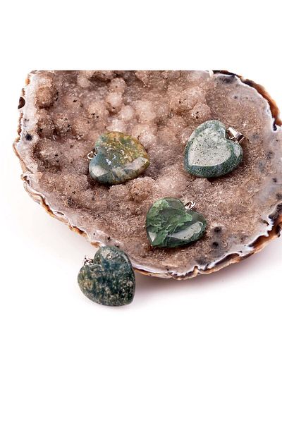 Taş Sandığı Mossy Agate Stone Heart Necklace - Small Size