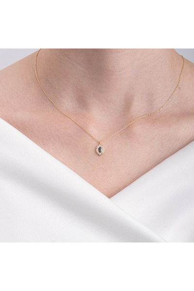 FasekGold Gümüş Kolye - Oval Mistik Topaz Taşlı Yanları Zirkon Taşlı Modern Tasarım 925 Ayar Gümüş Kolye