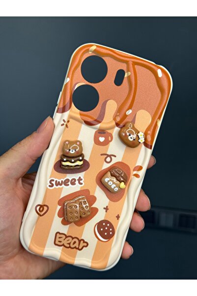 Fibaks Redmi 13C Compatible Case Designed Patterned Camera Protection Teddy Bear Biscuit Color Cofffe Silicone Cover