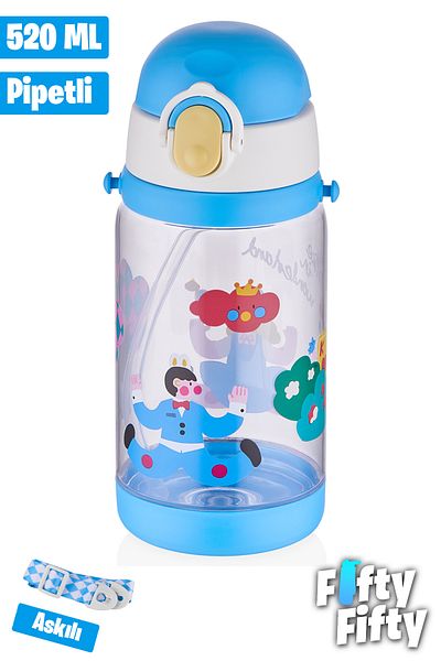 Vagonlife Tongues 520 ml Thick Tritan Water Bottle with Straw - with Carrying Strap - School Children's Bottle -Ffd2408