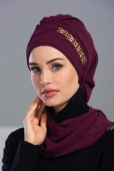 Aisha's Design Gold Accessory Design Chiffon Ready-To-Wear Turban, Ht-28, Ht-28, Plum