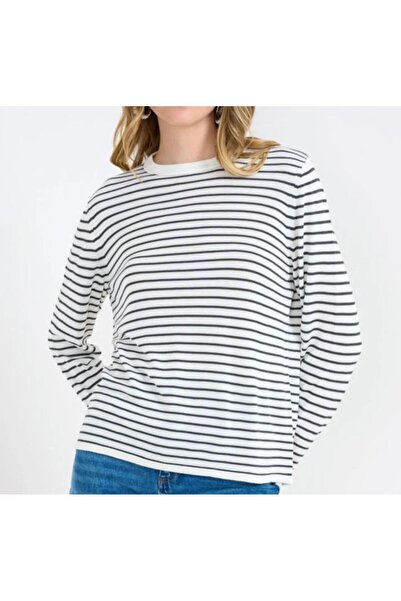 MARE BUTİK Kadın Uzun Kollu Bisiklet Yaka Çizgili Casual  Tshirt