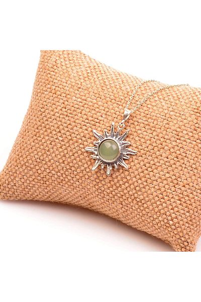 Taş Sandığı Aventurine Stone Silver Necklace - Sun Shaped Necklace