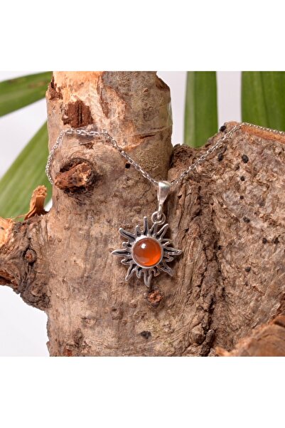 Taş Sandığı Güneş Şeklinde Akik Taşı Gümüş Kolye - Küçük Boy