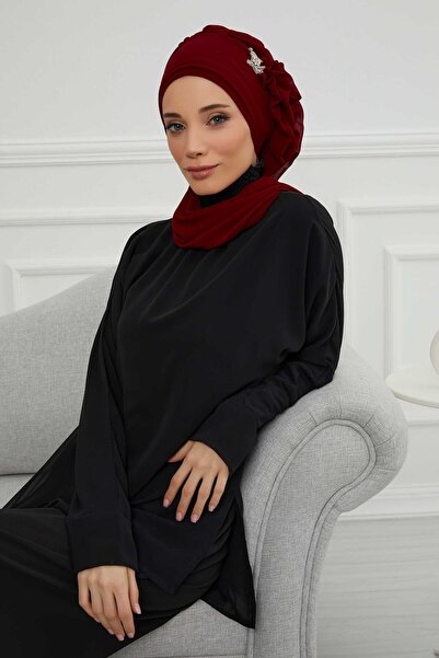 Aisha's Design Έτοιμο τουρμπάνι από σιφόν με βολάν στο πλάι και ασημί αξεσουάρ, HT-106, HT-106, μπορντό