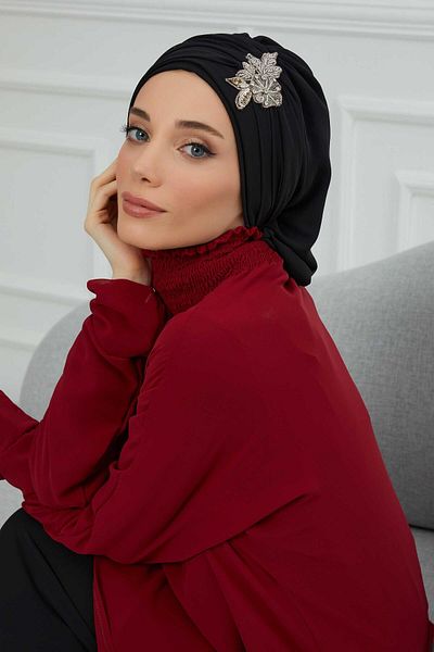 Aisha's Design Stone Flower Patterned Chiffon Turban - Pleated and Accessory, Ready to Use, Ht-105,Ht-105