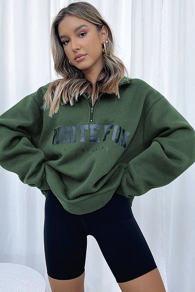 Madmext Khakifarbenes Sweatshirt mit Reißverschluss und detailliertem Aufdruck Mg1246