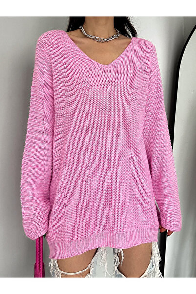 sportiness Kadın Pembe V Yaka Selanik Örgü Oversize Triko Kazak