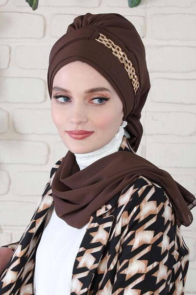 Aisha's Design عمامة شيفون جاهزة - إكسسوار ذهبي، تصميم، HT-28، HT-28