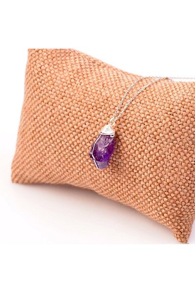 Taş Sandığı Amethyst Stone Silver Necklace - Wire Wrapped (Raw Amethyst)