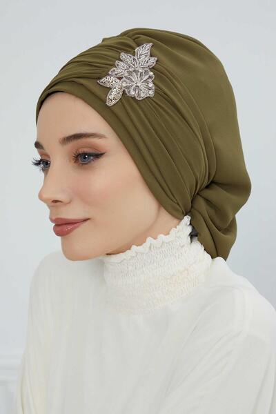 Aisha's Design Chiffon Ready-Made Turban with Pleated Stone Flower Accessories,Ht-105,Ht-105,Khaki Green