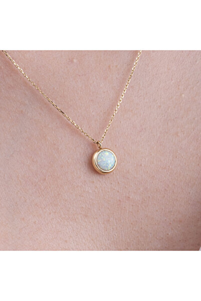 FasekGold Gümüş Kolye - Oval Opal Taşlı Çerçeveli Sade Minimal Tasarım 925 Ay...