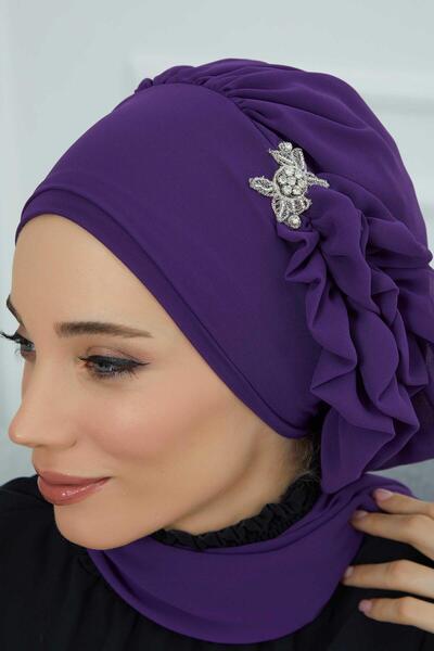 Aisha's Design Έτοιμο τουρμπάνι από σιφόν με βολάν στο πλάι και ασημί αξεσουάρ, HT-106, HT-106, Μωβ