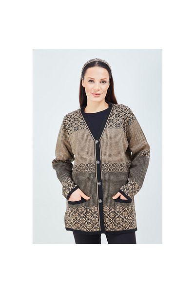 Fresh&Moda Women's Mink Color Patterned Knitwear Buttoned Pocket Winter Mother Cardigan