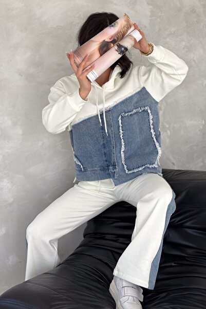 FEMELLE Women's White Denim Detailed Hooded Top and Bottom Set