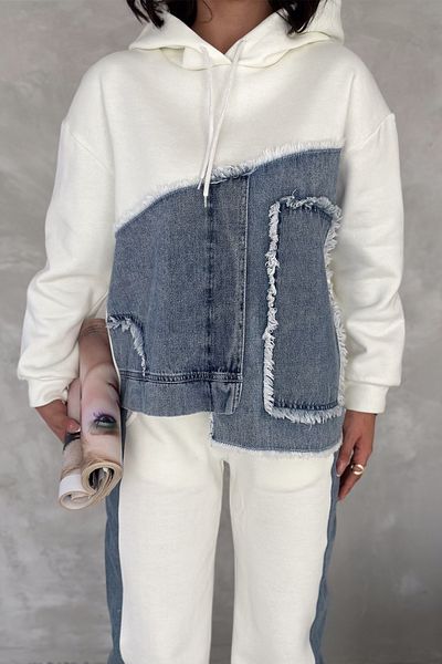 FEMELLE Women's White Denim Detailed Hooded Top and Bottom Set