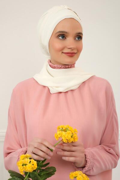 Aisha's Design Σχεδιαστικό τουρμπάνι από σιφόν με χρυσά αξεσουάρ, HT-28, HT-28, Κρέμα