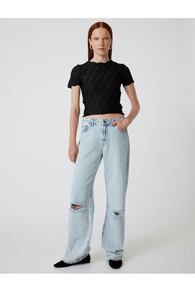 Koton Asymmetrical Short Sleeve Textured Crop T-Shirt - Round Neck, Slim Fit