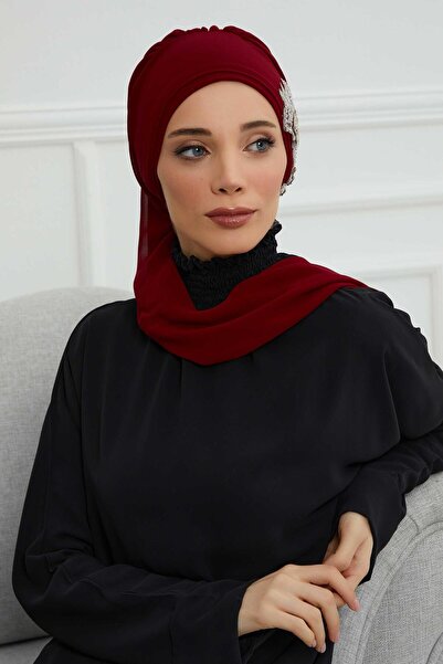 Aisha's Design Chiffon Ready-Made Turban with Side Stone Flower Accessory,Ht-104,Ht-104,Burgundy